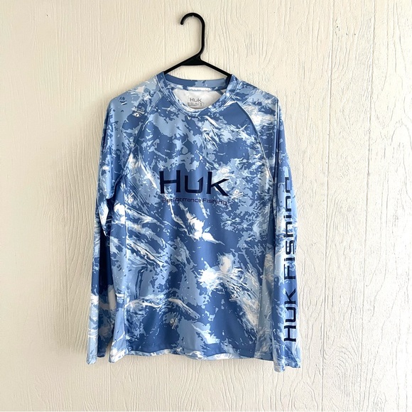HUK Men’s Performance Blue Mossy Oak Fishing Long Sleeve Shirt - Picture 1 of 4